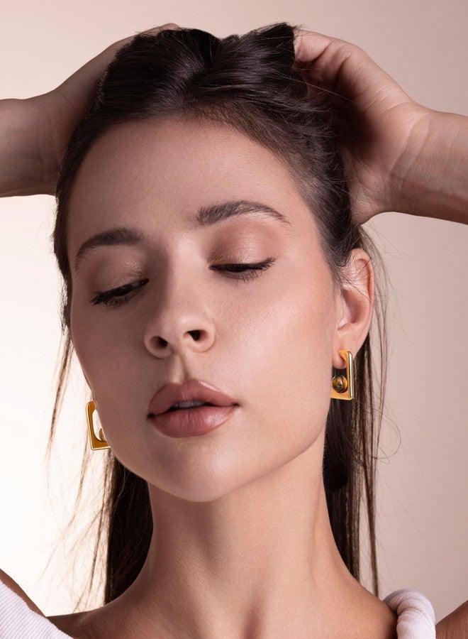 SNGIA Thin 18K gold plated Open Square Hoops Statement Earrings with Brown Tiger Eye Stone for Women by SNGIA, Small Bold Handmade Exaggerated Irregular Trendy Jewelry Gifts, Simple Geometric Post Hoop Huggie Summer Beach Fashion Earrings Accessories, Dainty Vintage Nickle Free Dangle Earrings. - Image 2